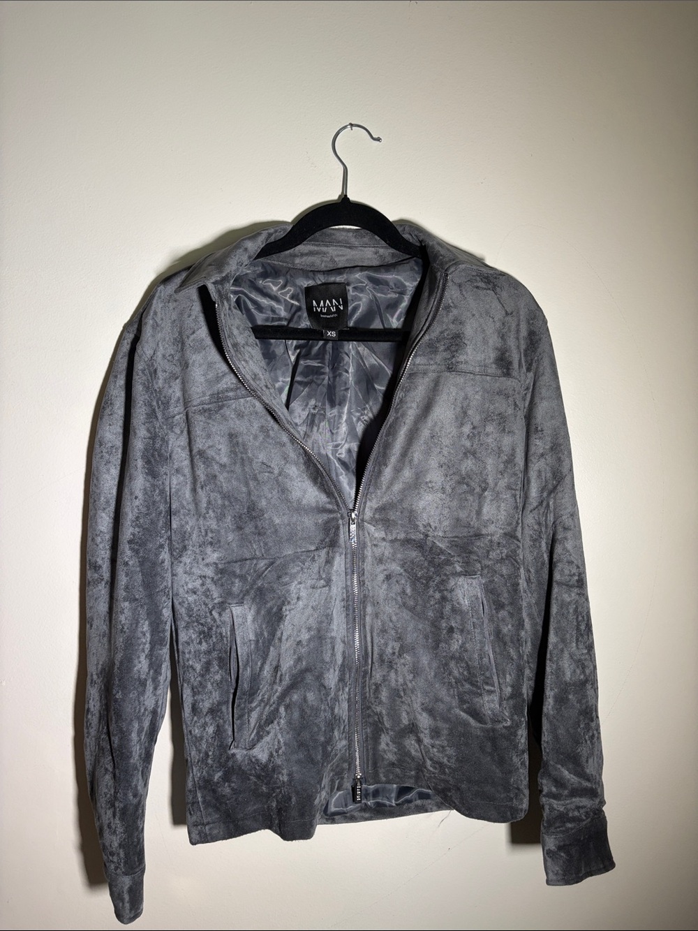 Boohoo Mens Gray Suede-Feel Zip-Up Sweater Jacket